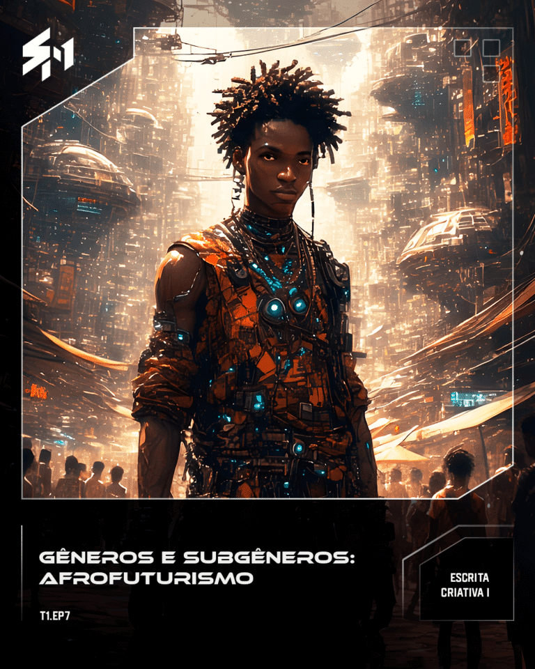 A Black person standing in a city that expresses African culture with a blend of science fiction.