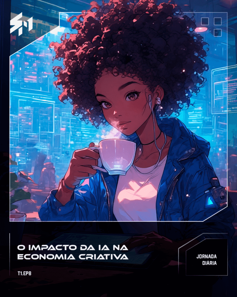 Maya sitting at the café drinking tea and working on her tablet.